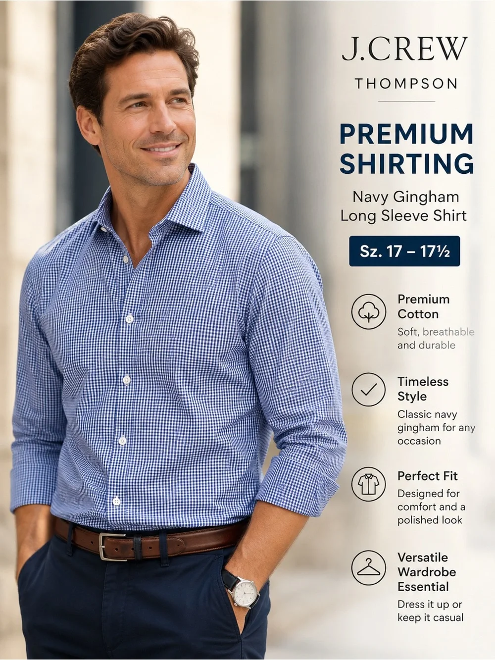 J. Crew Thompson Premium Shirting  Navy Gingham Men's Shirt Sz. 17 - 17 1/2